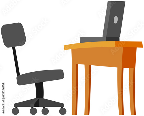 Modern workplace flat design. Office chair and office desk with stack of books in cozy room interior. Furniture and equipment for workplace of employee or office worker, vector interior workspace