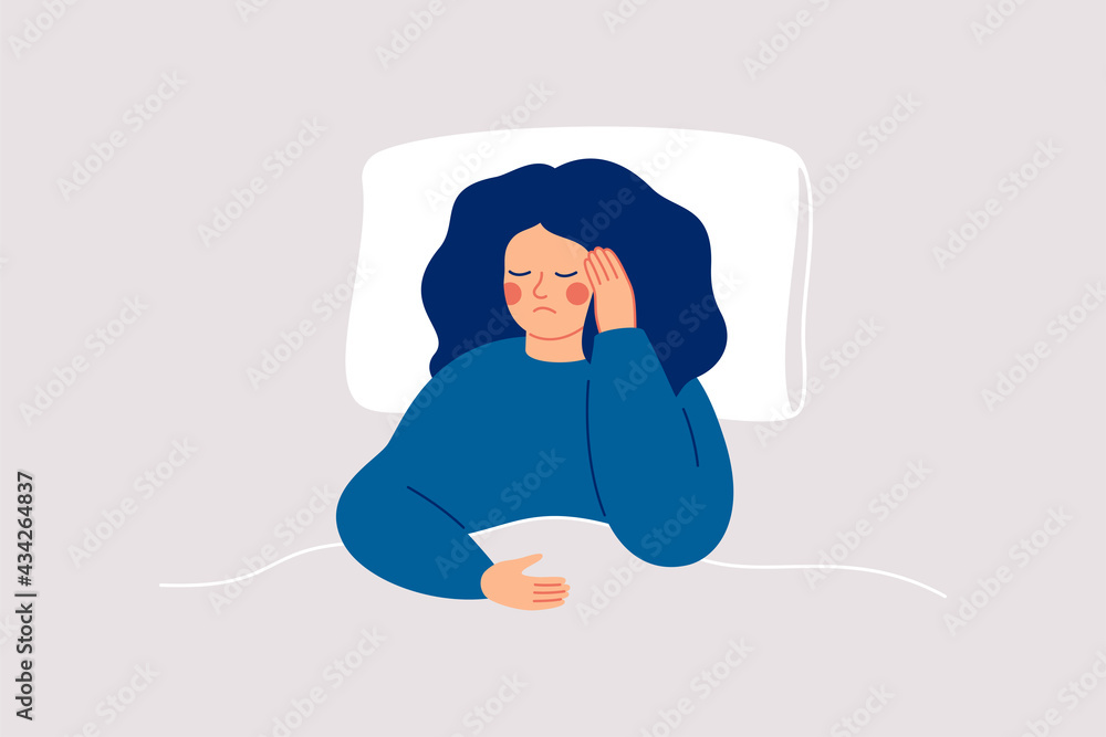 Girl suffers from insomnia and had difficulty falling asleep.Woman has headaches during sleep time. Sleepy female lying on bed and touching her temple. Insomnia and sleep disorder. Vector illustration - obrazy, fototapety, plakaty 