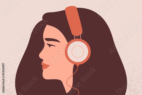 Happy girl listens to music in the big headphones. Side view avatar of Young woman wearing earphones. Music therapy concept. Vector illustration