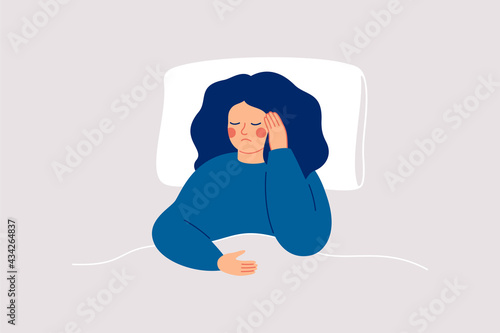 Girl suffers from insomnia and had difficulty falling asleep.Woman has headaches during sleep time. Sleepy female lying on bed and touching her temple. Insomnia and sleep disorder. Vector illustration