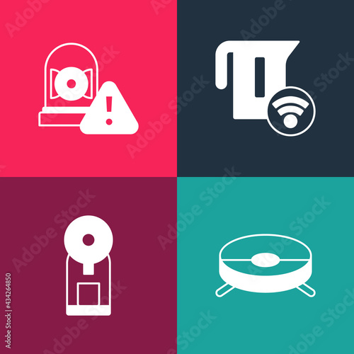 Set pop art Robot vacuum cleaner, Smart coffee machine, electric kettle and Ringing alarm bell icon. Vector