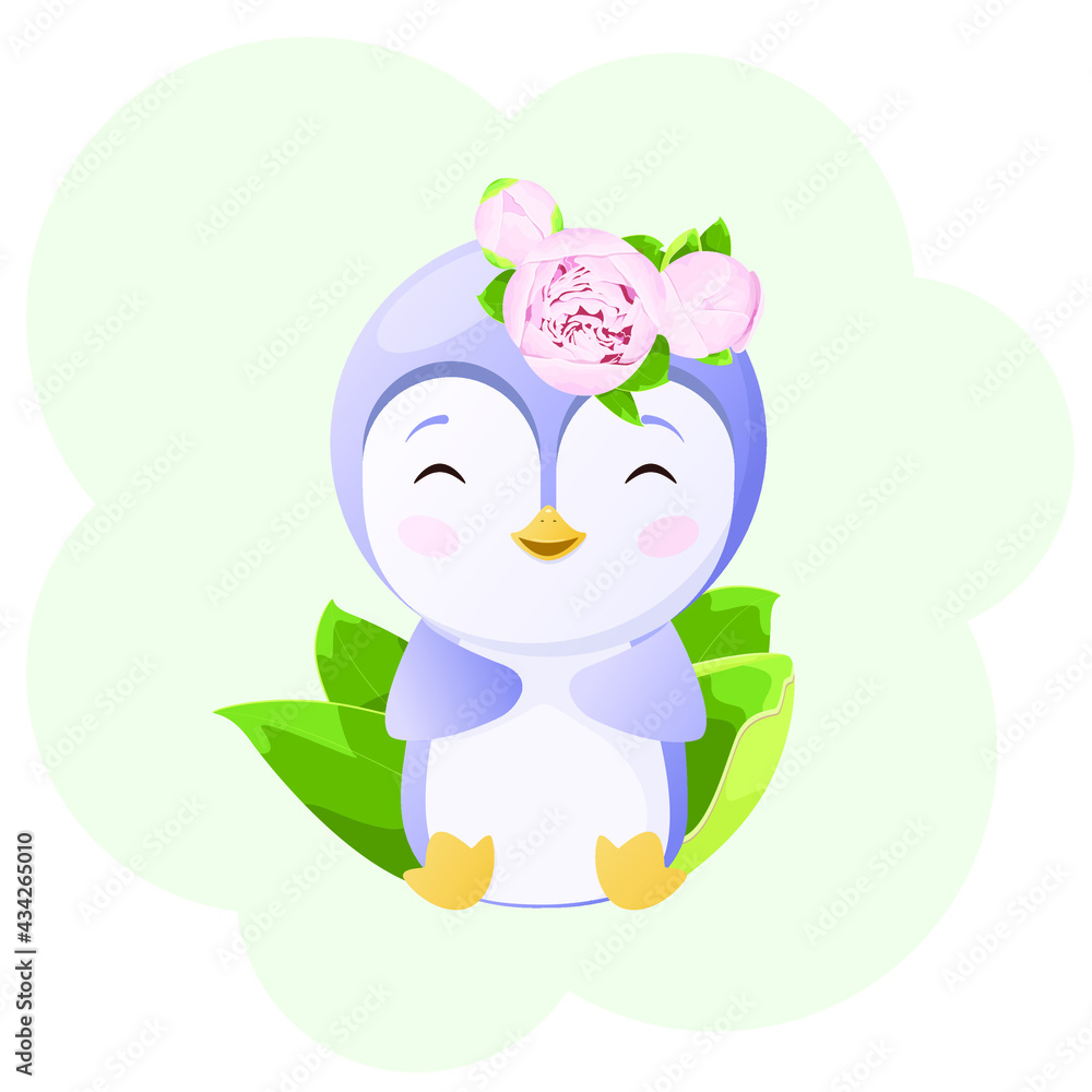 A fun little penguin with flowers. Cute children's animal illustration. A fun little penguin with flowers. Cute children's animal illustration.