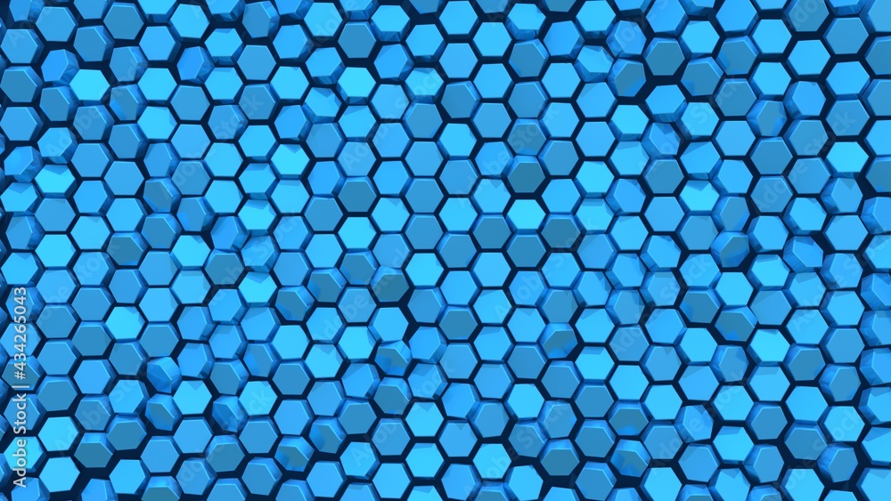Blue abstract surface. Hexagon technology background. Futuristic chaos pattern. 3D rendering