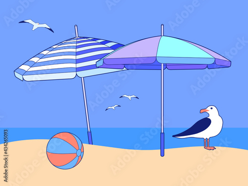 Vector cartoon illustration. Sunny day on the beach scenery. Summer landscape with two umbrellas, bouncy ball, seagulls, sea horizon, blue sky and sand.