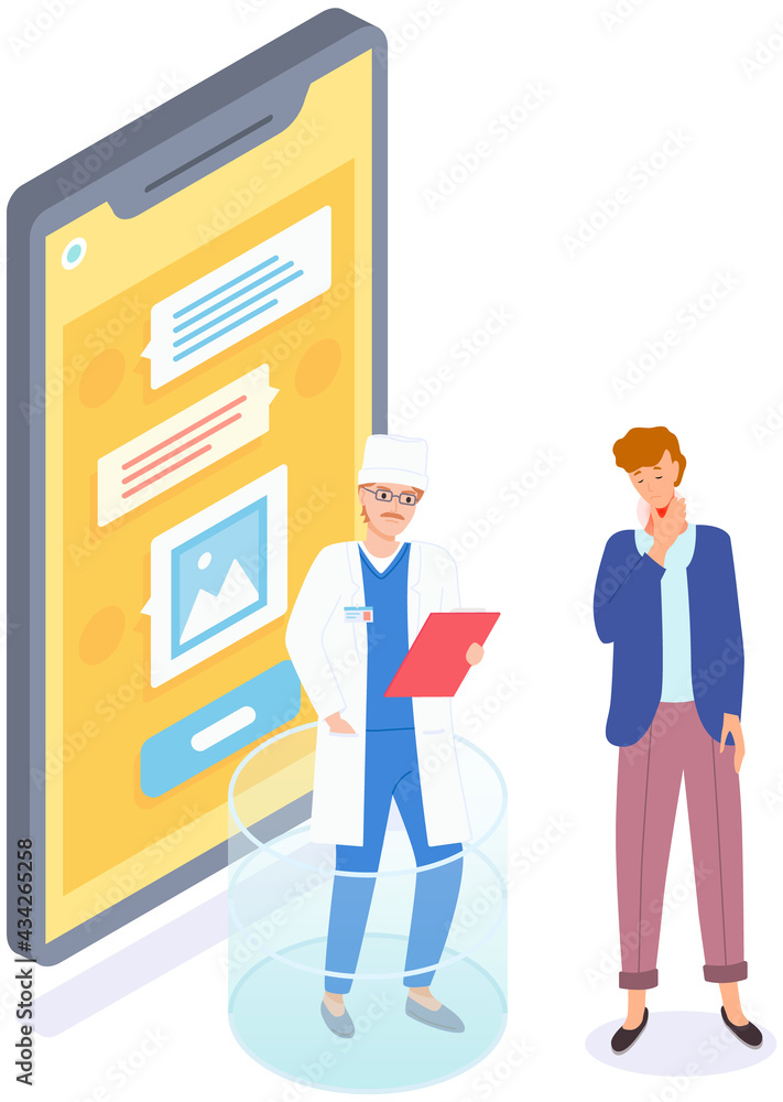 Obraz premium Man with pain in throat on online consultation with doctor. Medical specialist consults patient with sore throat. Male character communicating with otolaryngologist via messenger on smartphone