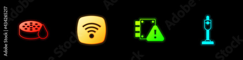Set Water sensor, Wi-Fi wireless internet network, House under protection and Vacuum cleaner icon. Vector