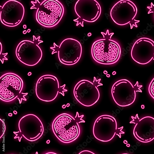 Neon garnet seamless pattern with pink fruits with seeds icons on black background. Summer, health food, fresh juice concept. Vector illustration 10 EPS.