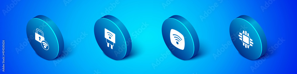 Set Isometric Digital door lock, Wi-Fi wireless internet network, Processor with CPU and Smart electric plug icon. Vector Set Isometric Digital door lock, Wi-Fi wireless internet network, Processor with CPU and Smart electric plug icon. Vector