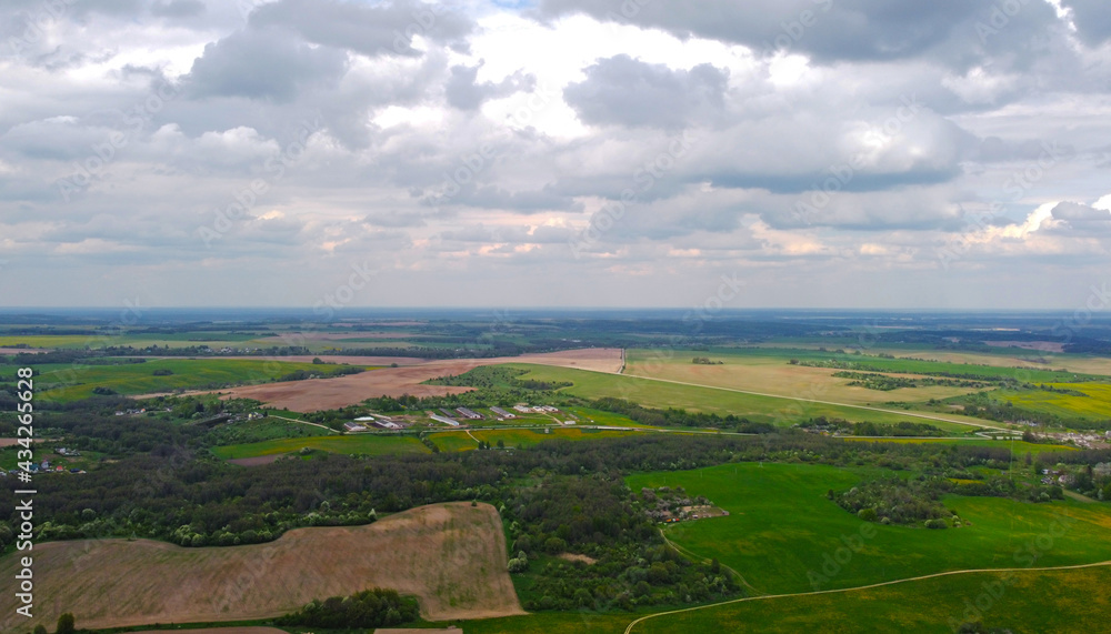 View from the sky to the summer landscape with fields and sky for background