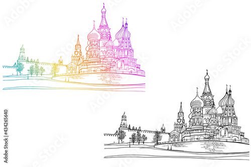 Urban landscapes with the old church. Nice views of the old Moscow. Hand drawn line art. Colorful vector illustration on white background. Without people. Postcards style. Travel sketch.
