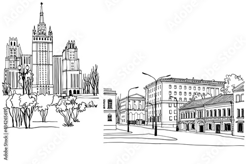 Urban landscapes with the old church. Nice views of the old Moscow. Hand drawn line art. Colorful vector illustration on white background. Without people. Postcards style. Travel sketch.