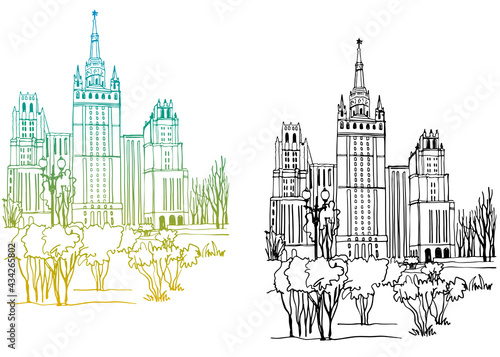 Urban landscapes with the old church. Nice views of the old Moscow. Hand drawn line art. Colorful vector illustration on white background. Without people. Postcards style. Travel sketch.