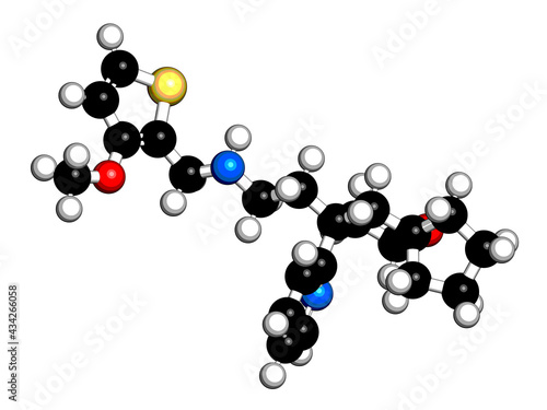 Oliceridine painkiller drug molecule. 3D rendering.