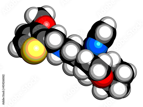 Oliceridine painkiller drug molecule. 3D rendering.