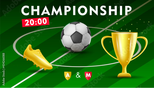 Golden soccer or football pattern with golden boot, horn and trophy cup and ball and whistle, best tournament award and fan attributes
