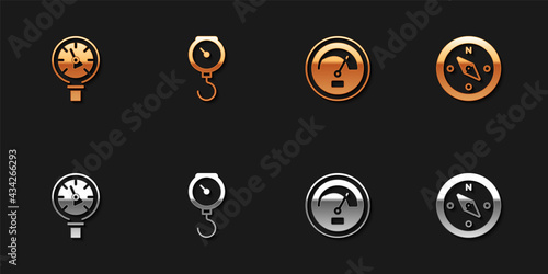 Set Pressure water meter, Hand scale spring mechanical, Speedometer and Compass icon. Vector
