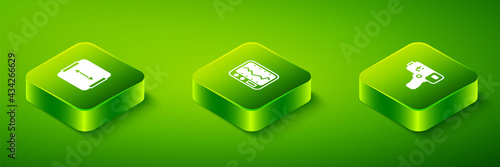 Set Isometric Measuring instrument, Digital thermometer and Area measurement icon. Vector