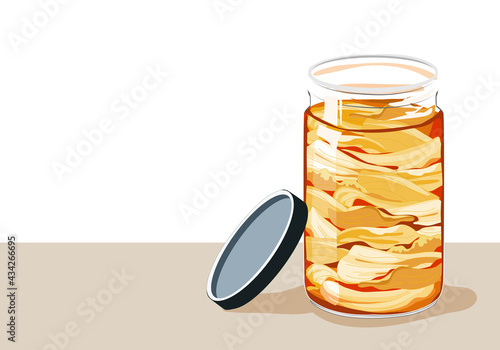 Isolated cabbage Kimchi in a jar with opened lid on white background. Korean Kimchi-fermented cabbage  recipe drawing vector illustration. 