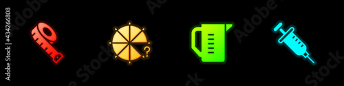 Set Measuring tape, Circle of pieces, cup and Syringe icon. Vector