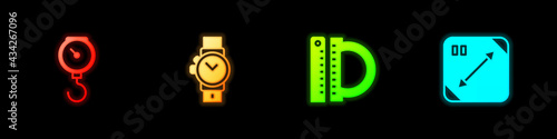 Set Hand scale spring mechanical, Wrist watch, Protractor ruler and Diagonal measuring icon. Vector