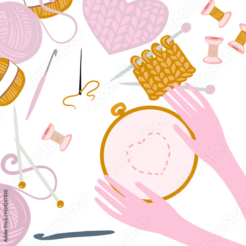 hands with hoop for embroidery and knitting  on the white background