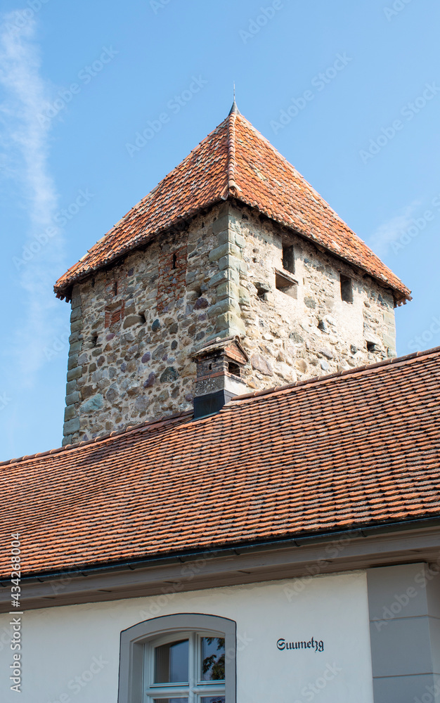 Hexenturm - stone, high historic tower on a clear blue sky background in an old touristic town Stein am Rhein in Switzerland