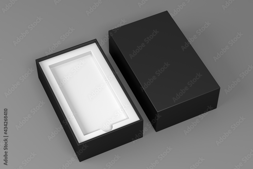 Blank mobile box packaging mockup template isolated on grey background, Black carton Package Open box and hard cover 3d render Blank mobile box packaging mockup template isolated on grey background, Black carton Package Open box and hard cover 3d render
