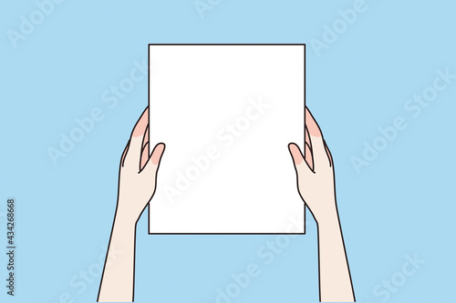 Copy space, mockup, background concept. Human hands holding blank white screen shit for text or adversing over blue background vector illustration 