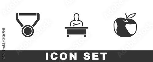 Set Medal, Schoolboy sitting at desk and Apple icon. Vector