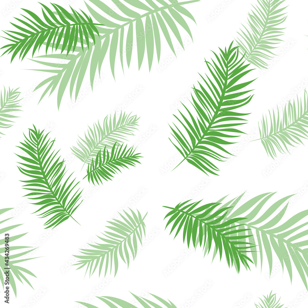Tropical seamless pattern with palm leaves. Background from green tropical leaves with transparency and overlay. Stylish summer texture. Spring jungle print from tropics. Green palm fabric, textile.