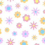 Seamless simple pattern with cute flat colored flowers, spring texture, baby floral print. Summer seamless pattern - for paper, for fabric, for textile, in pastel colors wallpaper, child background.