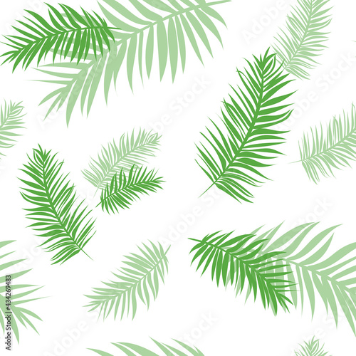 Tropical seamless pattern with palm leaves. Background from green tropical leaves with transparency and overlay. Stylish summer texture. Spring jungle print from tropics. Green palm fabric  textile.
