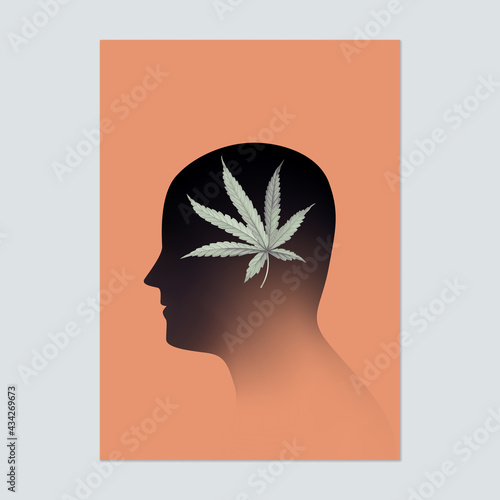 Poster template design, cannabis inside human head on orange