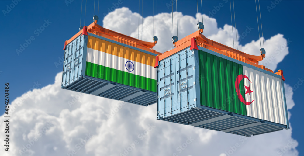 Two freight container with India and Algeria flag.  3D Rendering