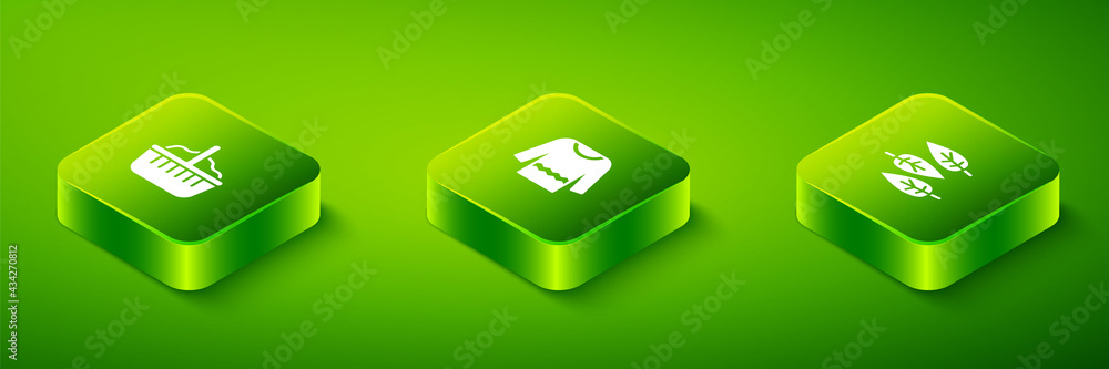 Set Isometric Sweater, Leaf or leaves and Basket icon. Vector Set Isometric Sweater, Leaf or leaves and Basket icon. Vector