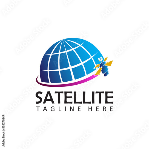 Satellite and world logo template design vector communication system logotype in isolated background