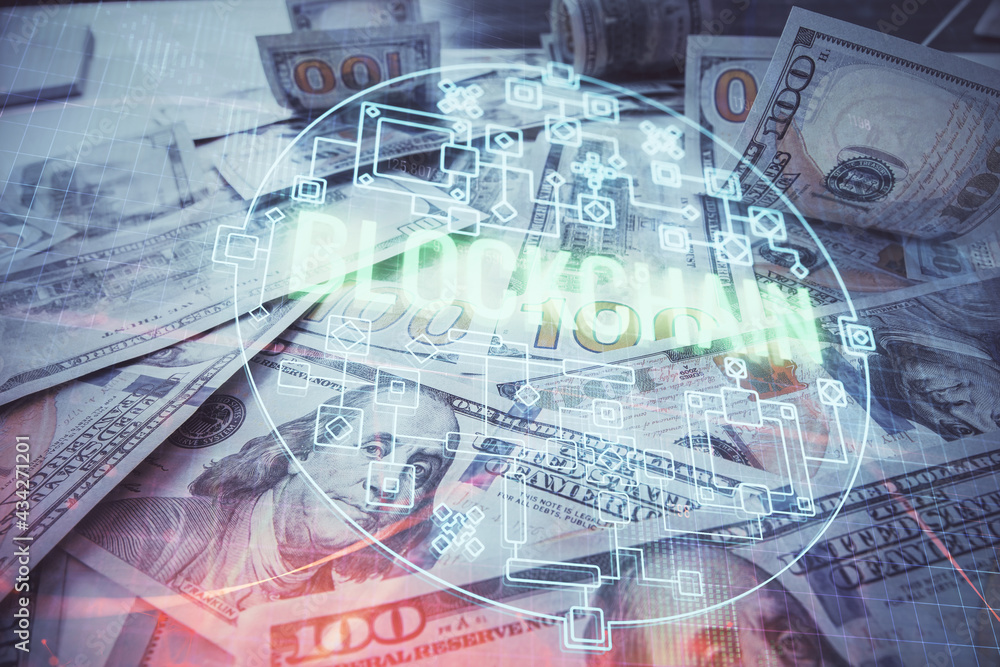 Fototapeta premium Multi exposure of crypto theme drawing over us dollars bill background. Concept of blockchain success.