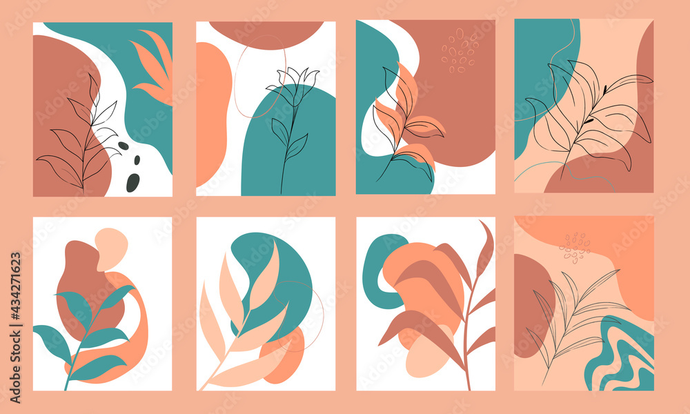 A set with abstract illustrations. Abstract shape and linear plants. Vector illustration.