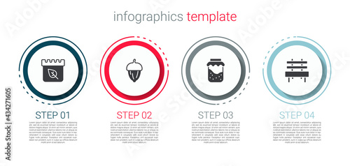 Set Calendar with autumn leaves, Acorn, Jam jar and Bench. Business infographic template. Vector