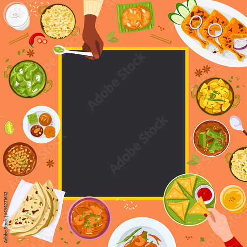 Top view of Indian food with copy space.