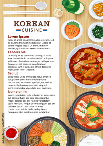 Restaurant menu design, Top view of Korean food on wooden table.