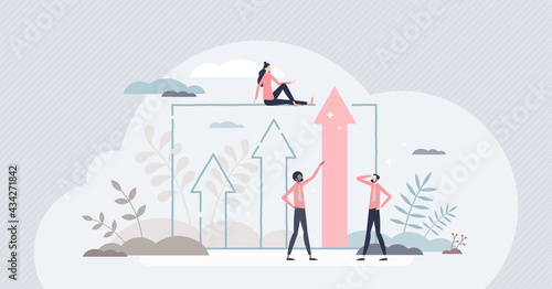 Advantage for business growth and career development tiny person concept. Work performance achievement and level up with competitors with potential realization and ambition power vector illustration.