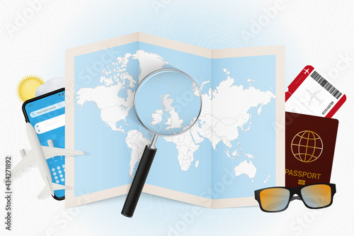 Travel destination Scotland, tourism mockup with travel equipment and world map with magnifying glass on a Scotland.