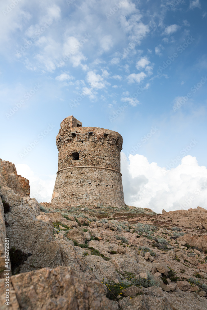 La tour génoise d'Omigna de Cargèse au coucher du soleil, en Corse - Carghese, Corsica