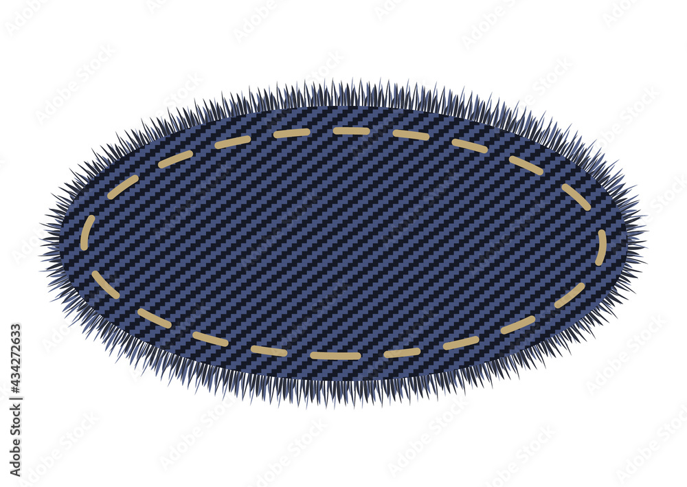 Dark denim oval label. Jeans patch for pants. Realistic patchwork element with textile texture. Dark denim oval label. Jeans patch for pants. Realistic patchwork element with textile texture.