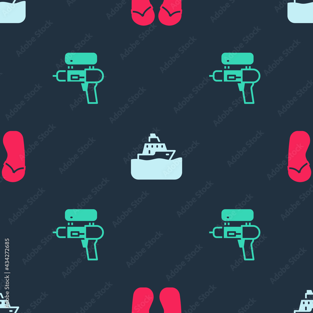 Set Flip flops, Cruise ship and Water gun on seamless pattern. Vector Set Flip flops, Cruise ship and Water gun on seamless pattern. Vector