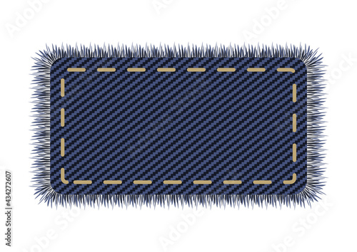 Denim square with stitch on a jeans canvas. Sale label element in vector. Destroyed and tor  patchwork shape in dark blue.