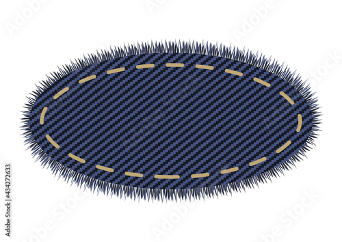 Dark denim oval label. Jeans patch for pants. Realistic patchwork element with textile texture.