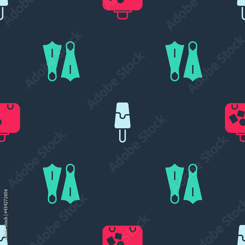 Set Suitcase, Ice cream and Rubber flippers for swimming on seamless pattern. Vector