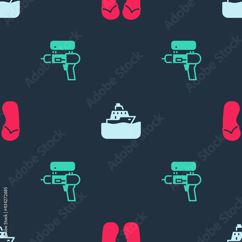 Set Flip flops, Cruise ship and Water gun on seamless pattern. Vector